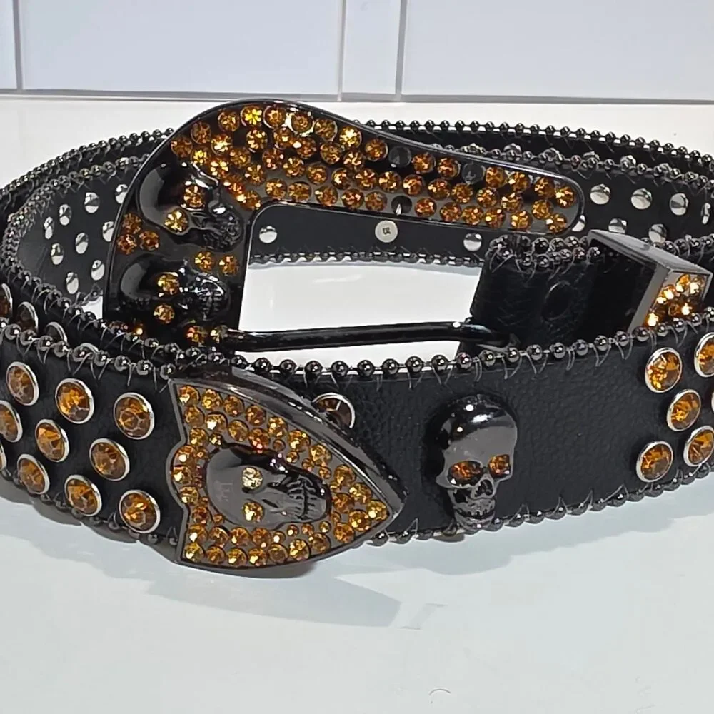 Halloween style leather belt with gold rhinestones and silver studs Women's